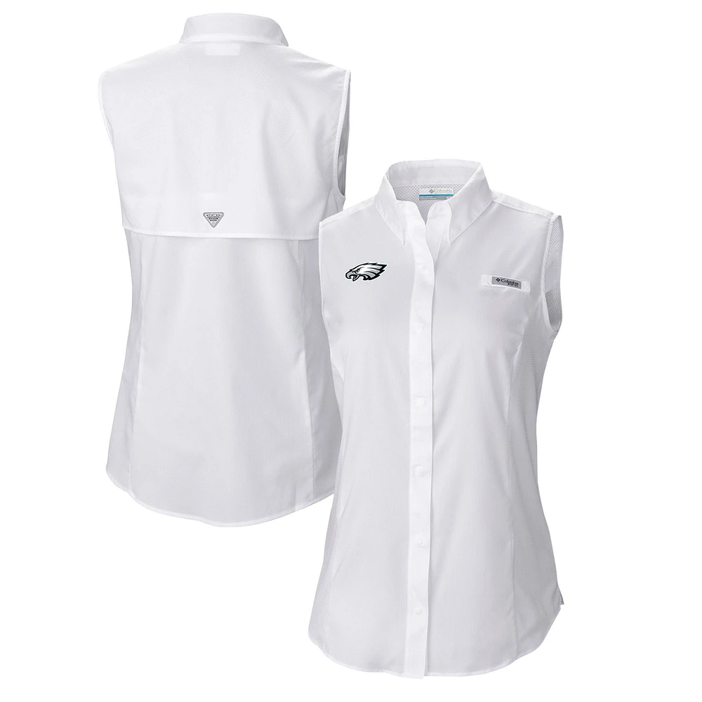 Women's Columbia White Philadelphia Eagles PFG Tamiami Omni-Shade Sleeveless Button-Up Shirt