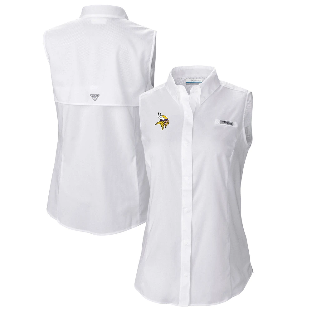 Women's Columbia White Minnesota Vikings PFG Tamiami Omni-Shade Sleeveless Button-Up Shirt