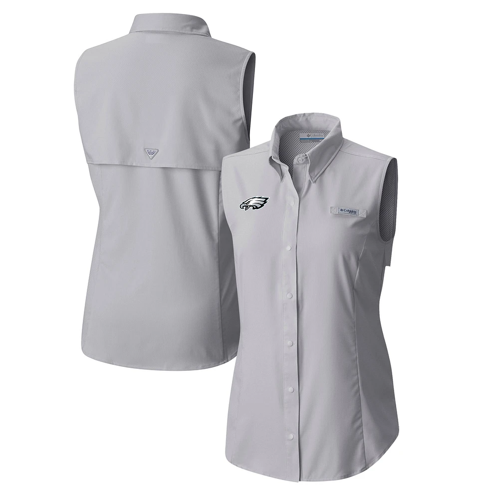 Women's Columbia Gray Philadelphia Eagles PFG Tamiami Omni-Shade Sleeveless Button-Up Shirt