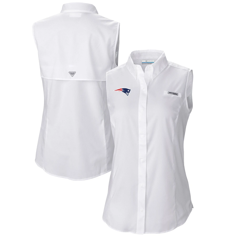 Women's Columbia White New England Patriots PFG Tamiami Omni-Shade Sleeveless Button-Up Shirt