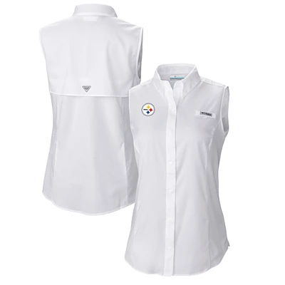 Women's Columbia White Pittsburgh Steelers PFG Tamiami Omni-Shade Sleeveless Button-Up Shirt