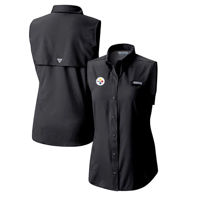 Women's Columbia Black Pittsburgh Steelers PFG Tamiami Omni-Shade Sleeveless Button-Up Shirt