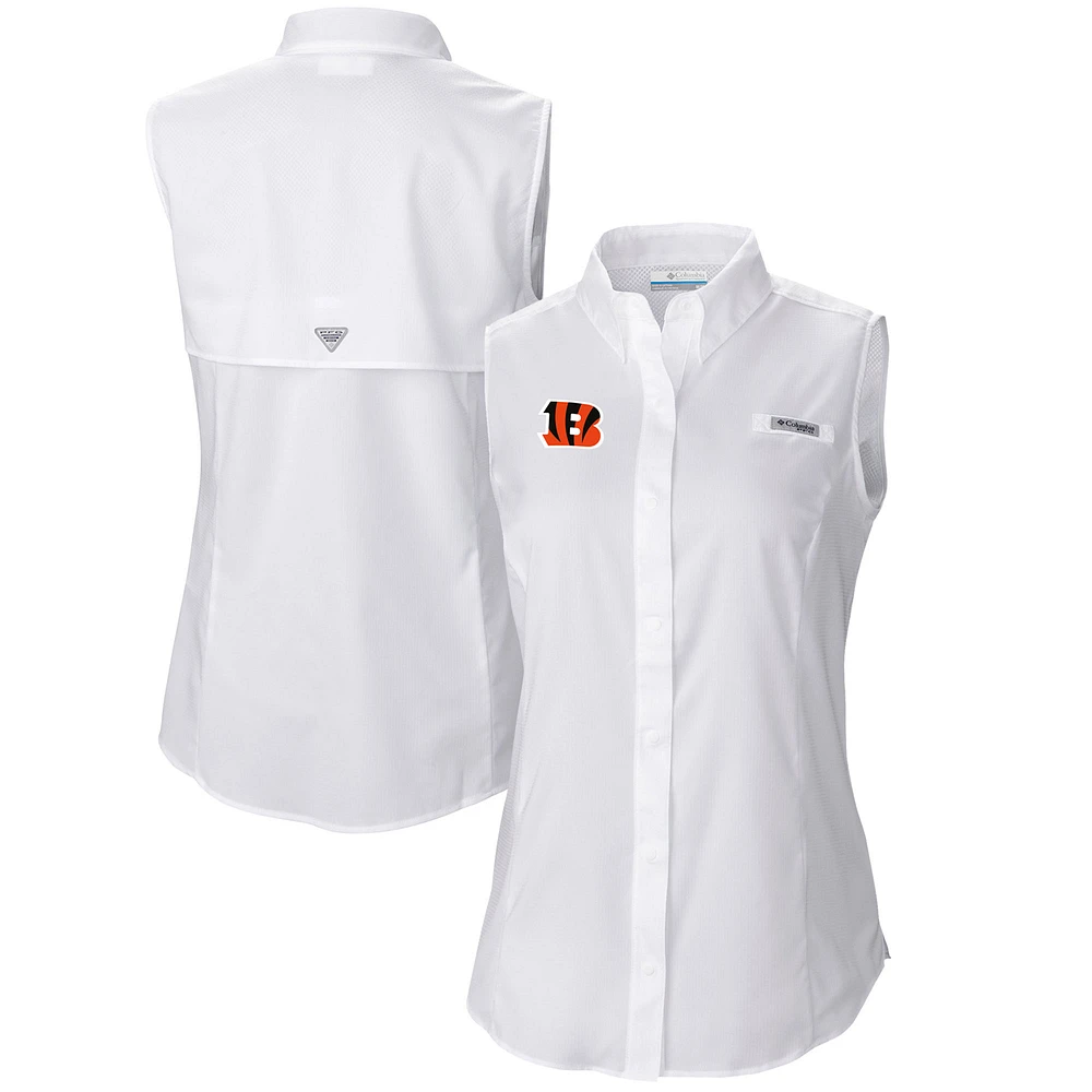 Women's Columbia White Cincinnati Bengals PFG Tamiami Omni-Shade Sleeveless Button-Up Shirt