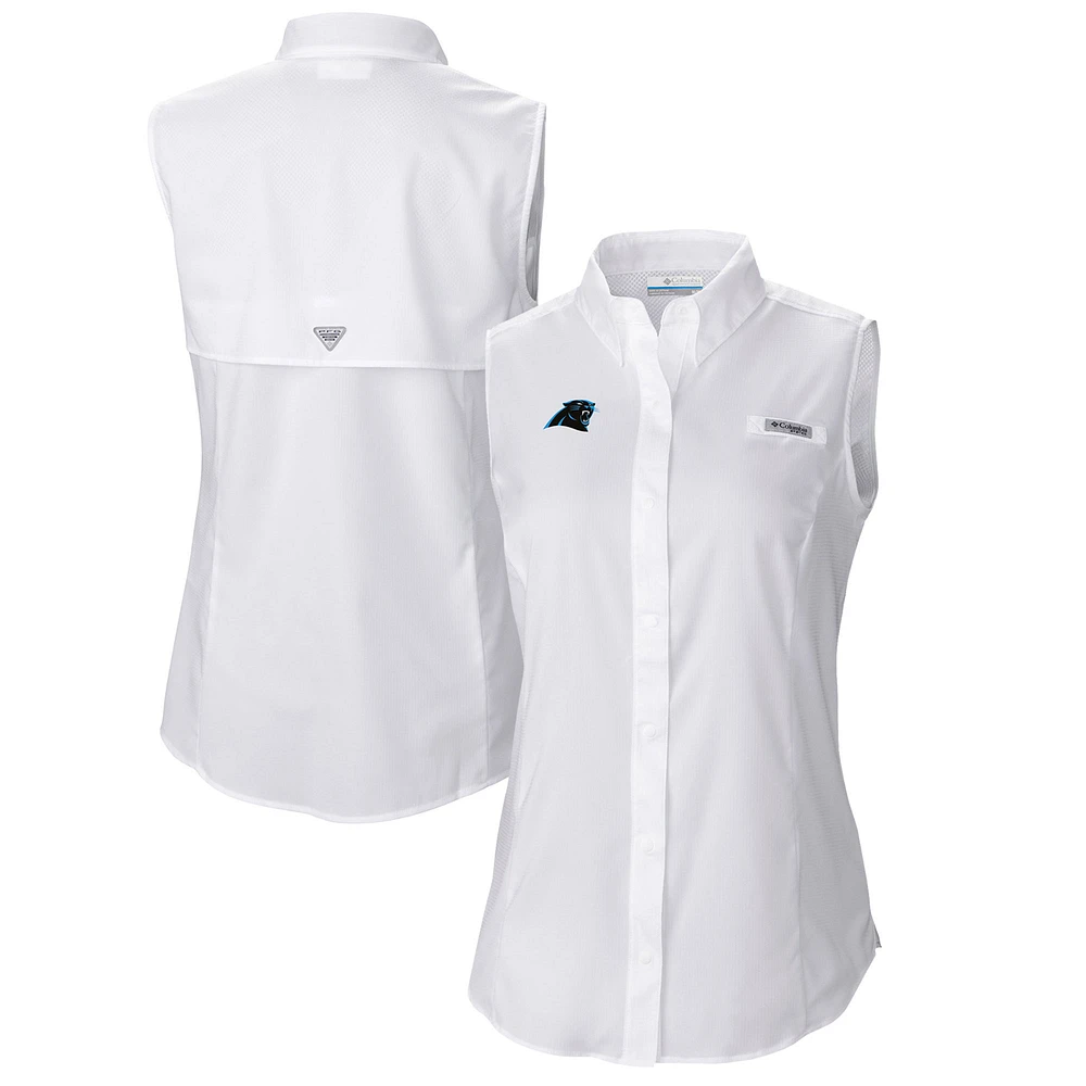 Women's Columbia White Carolina Panthers PFG Tamiami Omni-Shade Sleeveless Button-Up Shirt