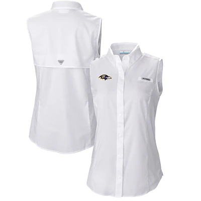 Women's Columbia White Baltimore Ravens PFG Tamiami Omni-Shade Sleeveless Button-Up Shirt