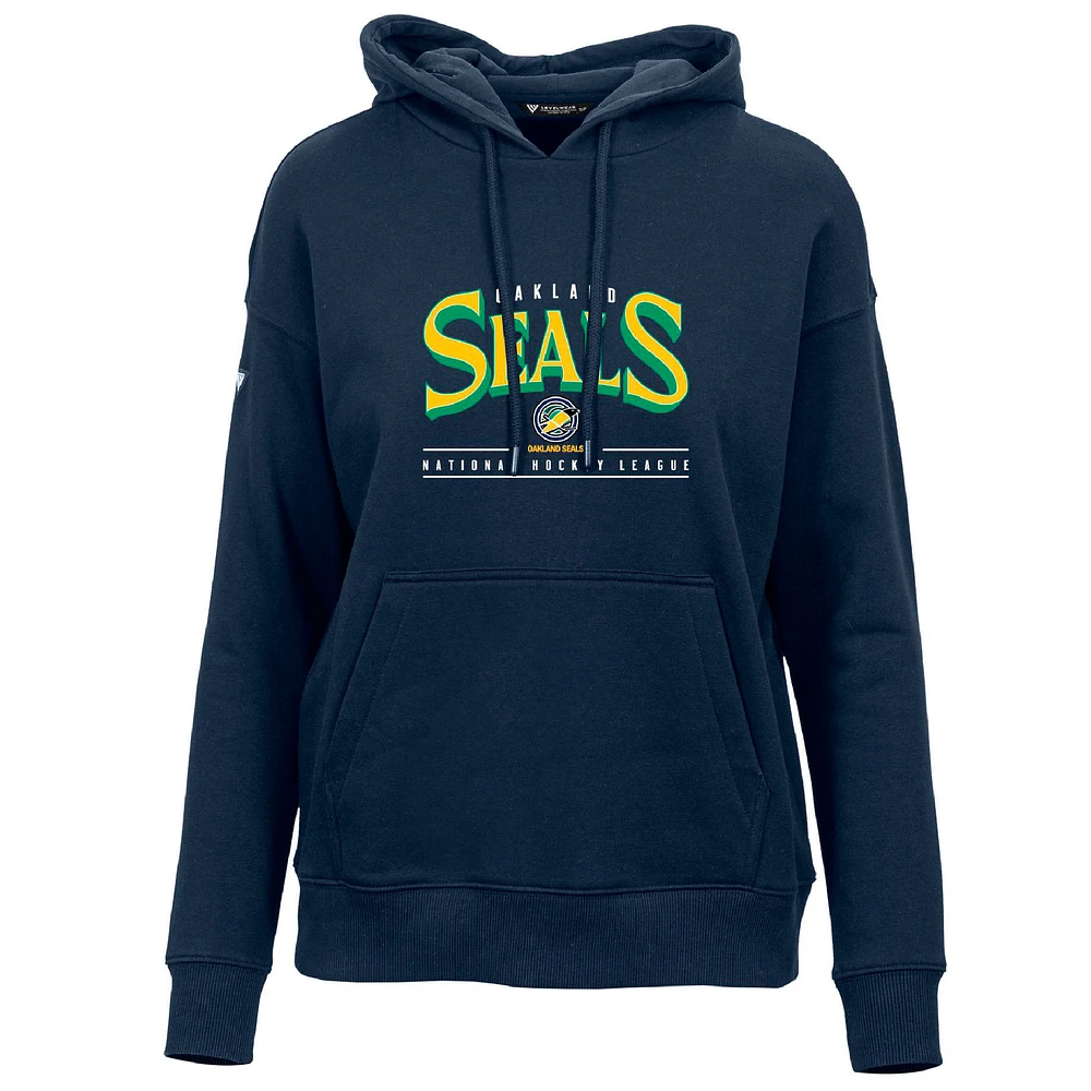 Women's Levelwear Navy Oakland Seals Throwback Retro Adorn Spellout Pullover Hoodie