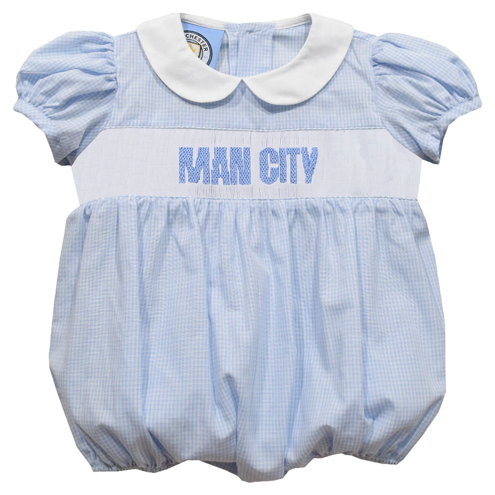 Girl's Infant Vive La Fete Sky Blue Manchester City Mini Check Smocked Bubble Dress