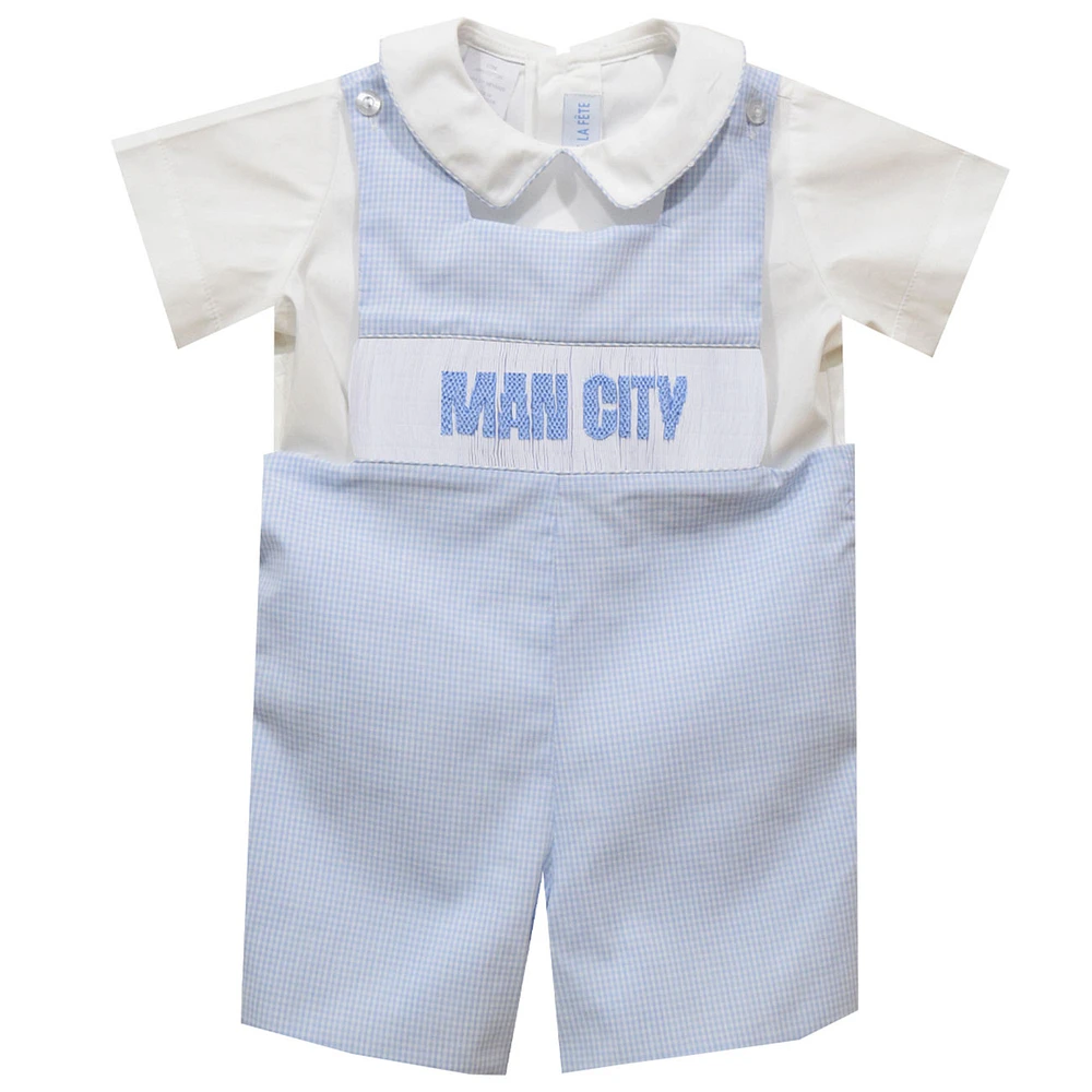 Infant Vive La Fete Sky Blue Manchester City Mini Check Smocked Jon Romper