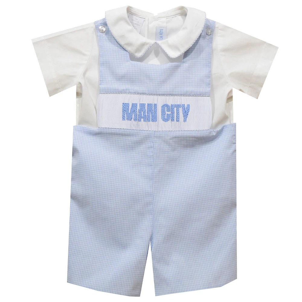 Toddler Vive La Fete Sky Blue Manchester City Gingham Smocked Jon Romper