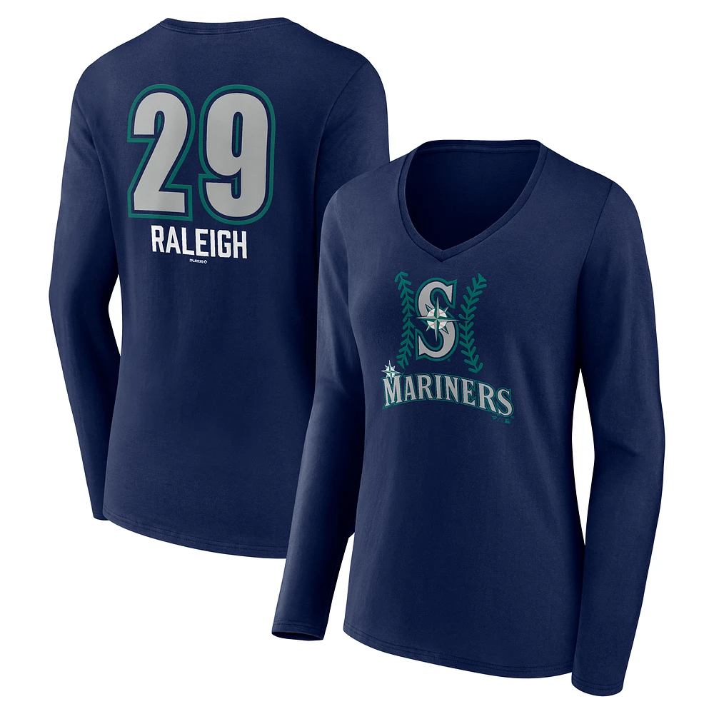Women's Cal Raleigh Navy Seattle Mariners Name & Number Fastball V-Neck Long Sleeve T-Shirt
