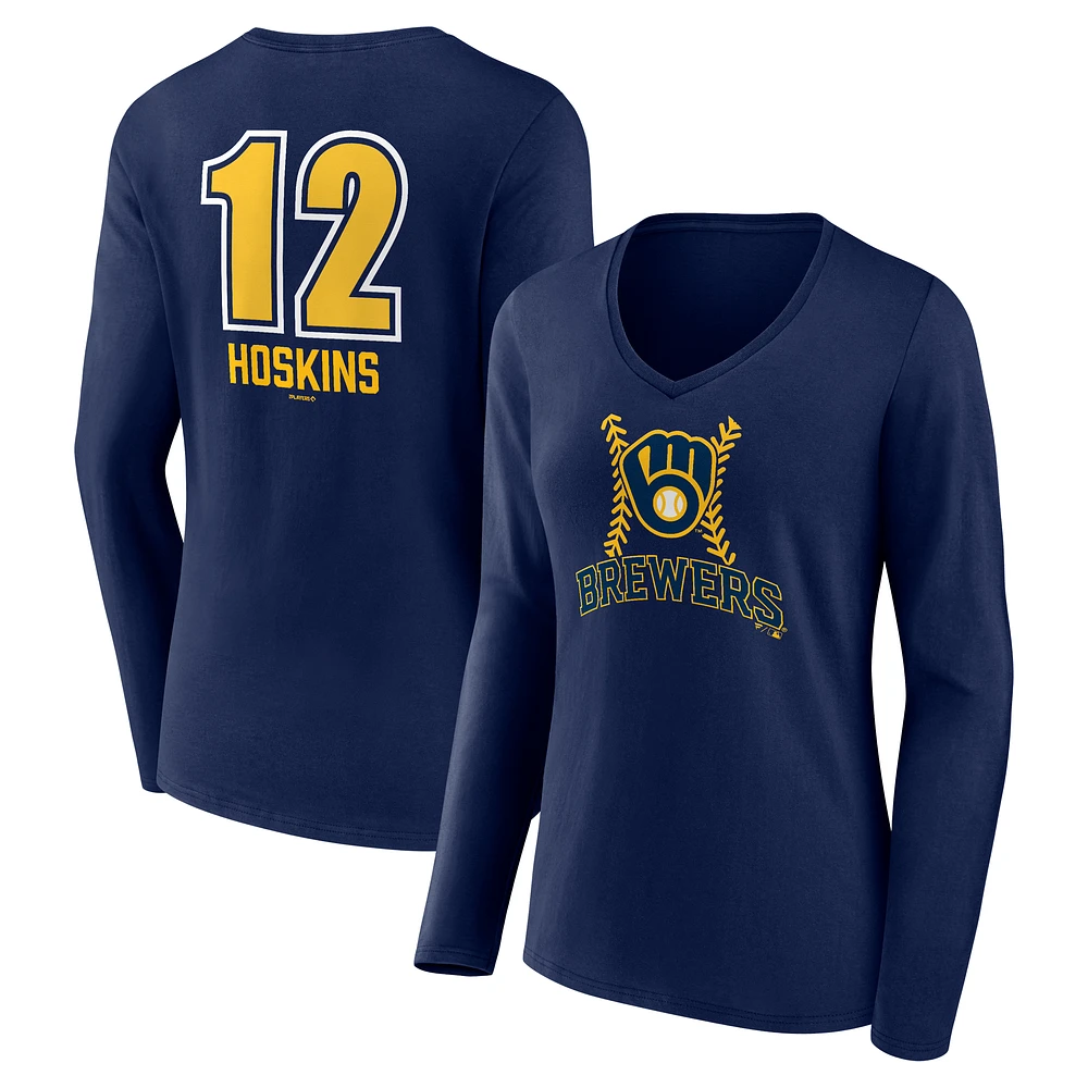 Women's Rhys Hoskins Navy Milwaukee Brewers Name & Number Fastball V-Neck Long Sleeve T-Shirt