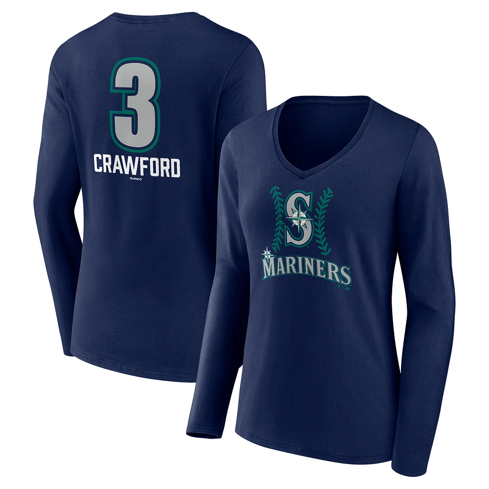 Women's J.P. Crawford Navy Seattle Mariners Name & Number Fastball V-Neck Long Sleeve T-Shirt