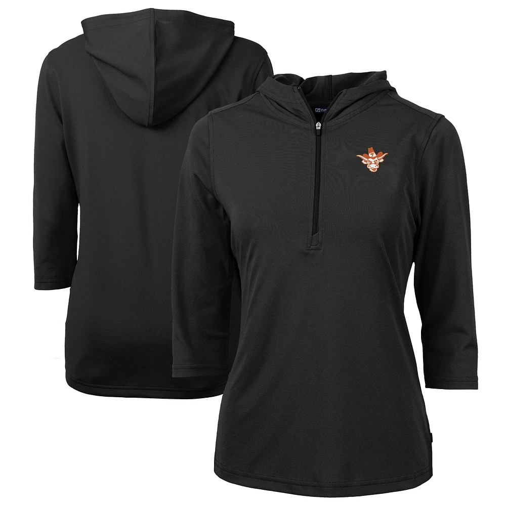 Women's Cutter & Buck Black Texas Longhorns Vault DryTec Virtue Eco Pique Recycled 3/4-Sleeve Half-Zip Pullover Hoodie