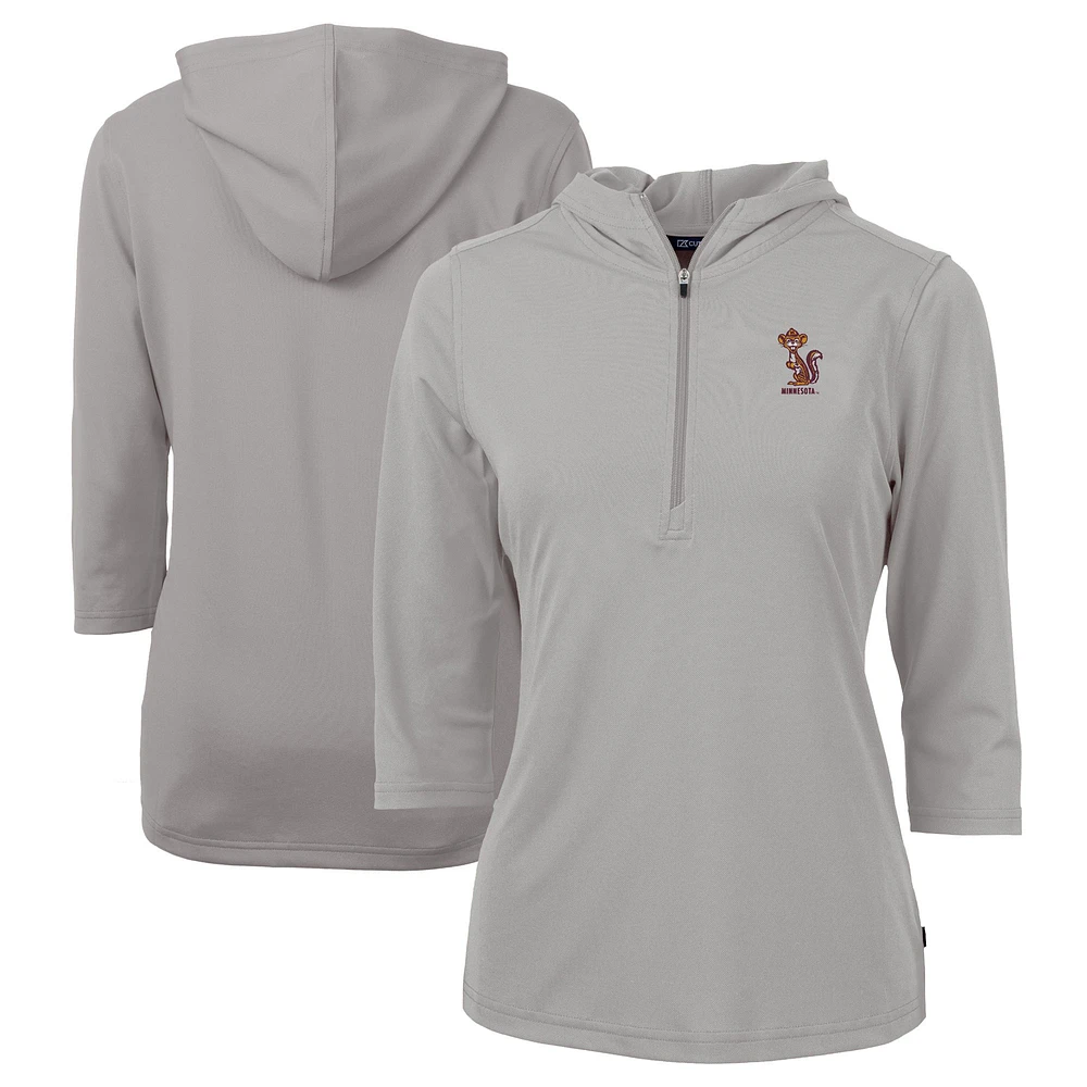 Women's Cutter & Buck Gray Minnesota Golden Gophers Vault DryTec Virtue Eco Pique Recycled 3/4-Sleeve Half-Zip Pullover Hoodie