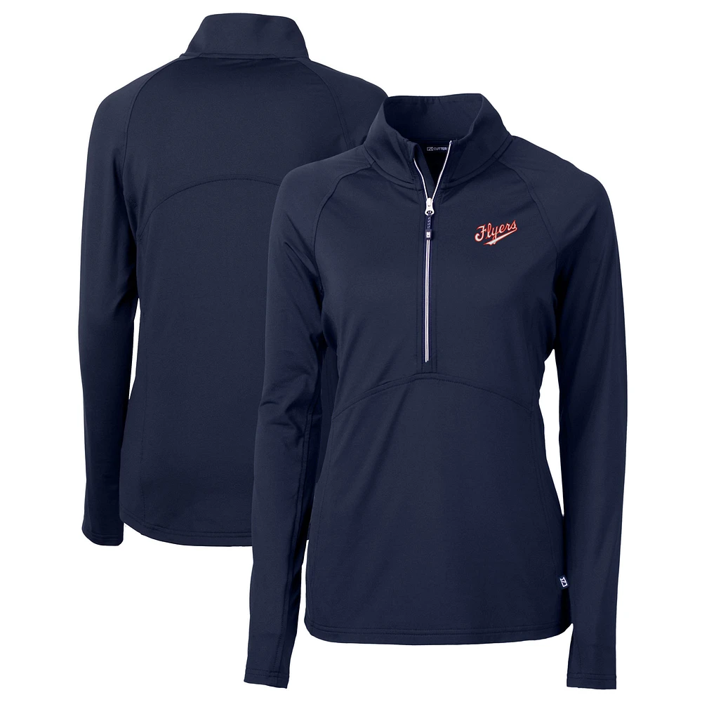 Women's Cutter & Buck Navy Dayton Flyers Vault DryTec Adapt Eco Knit Stretch Recycled Raglan Half-Zip Top