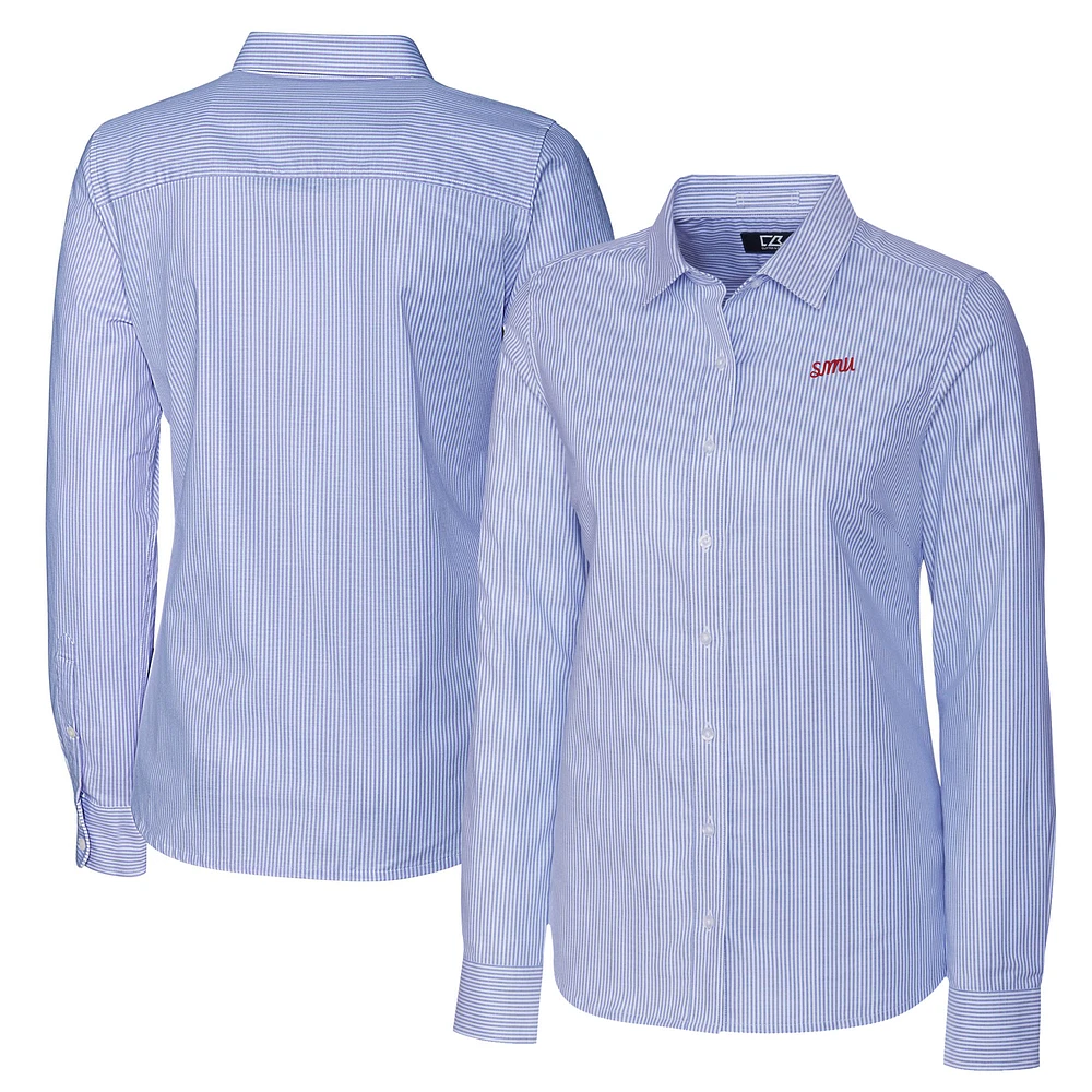 Women's Cutter & Buck Royal SMU Mustangs Vault Stretch Oxford Stripe Long Sleeve Tri-Blend Button-Up Dress Shirt