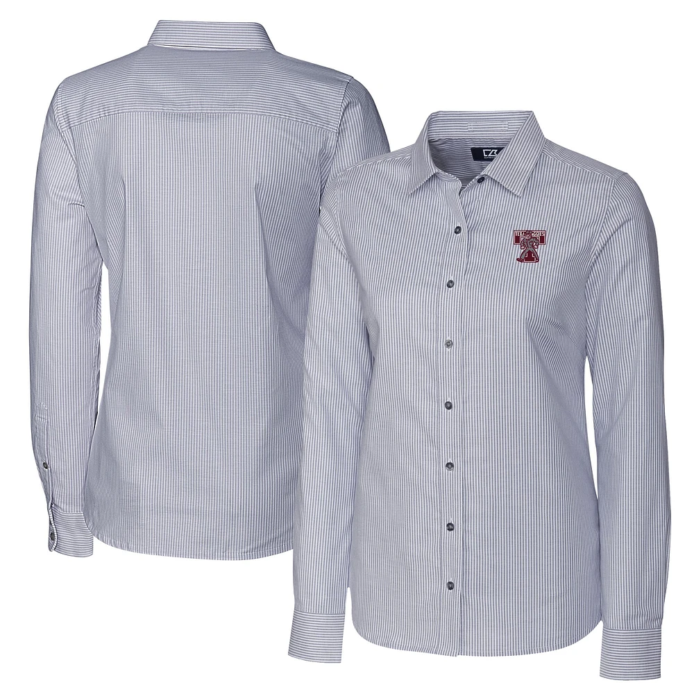 Women's Cutter & Buck Charcoal Texas A&M Aggies Vault Stretch Oxford Stripe Long Sleeve Tri-Blend Button-Up Dress Shirt