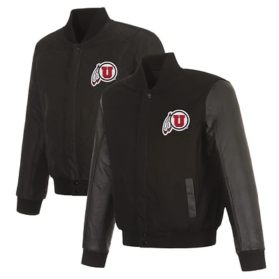 Men's JH Design Black Utah Utes Reversible Wool & Leather Full-Snap Varsity Jacket