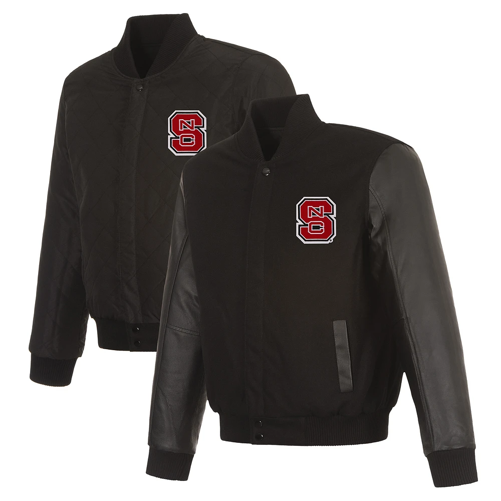 Men's JH Design Black NC State Wolfpack Reversible Wool & Leather Full-Snap Varsity Jacket