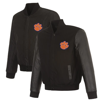 Men's JH Design Black Clemson Tigers Reversible Wool & Leather Full-Snap Varsity Jacket