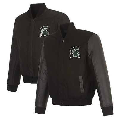Men's JH Design Black Michigan State Spartans Reversible Wool & Leather Full-Snap Varsity Jacket