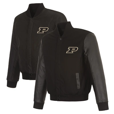 Men's JH Design Black Purdue Boilermakers Reversible Wool & Leather Full-Snap Varsity Jacket