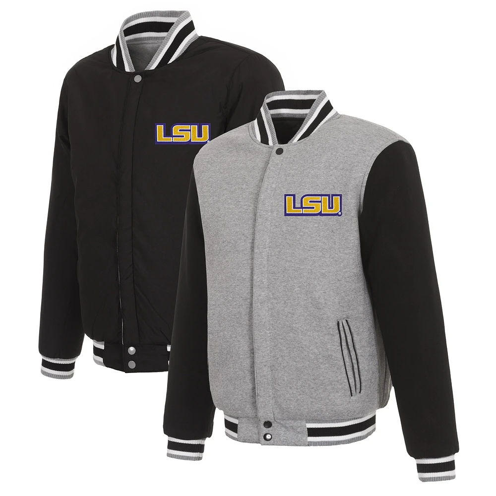 Men's JH Design Gray/Black LSU Tigers Reversible Two-Tone Fleece Varsity Jacket