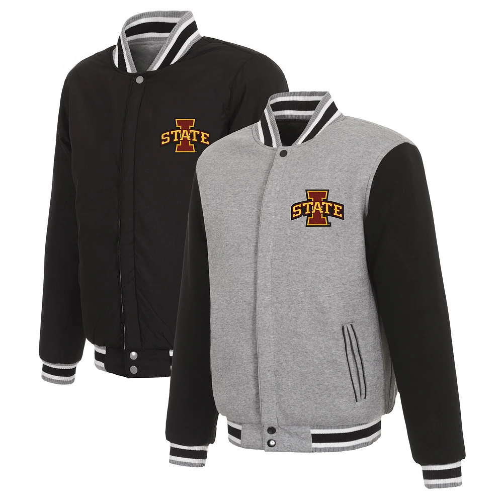 Men's JH Design Gray/Black Iowa State Cyclones Reversible Two-Tone Fleece Varsity Jacket