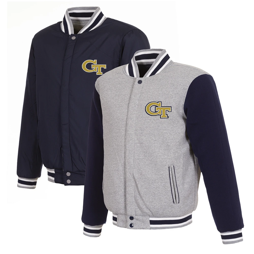 Men's JH Design /Navy Georgia Tech Yellow Jackets Reversible Two-Tone Fleece Varsity Jacket