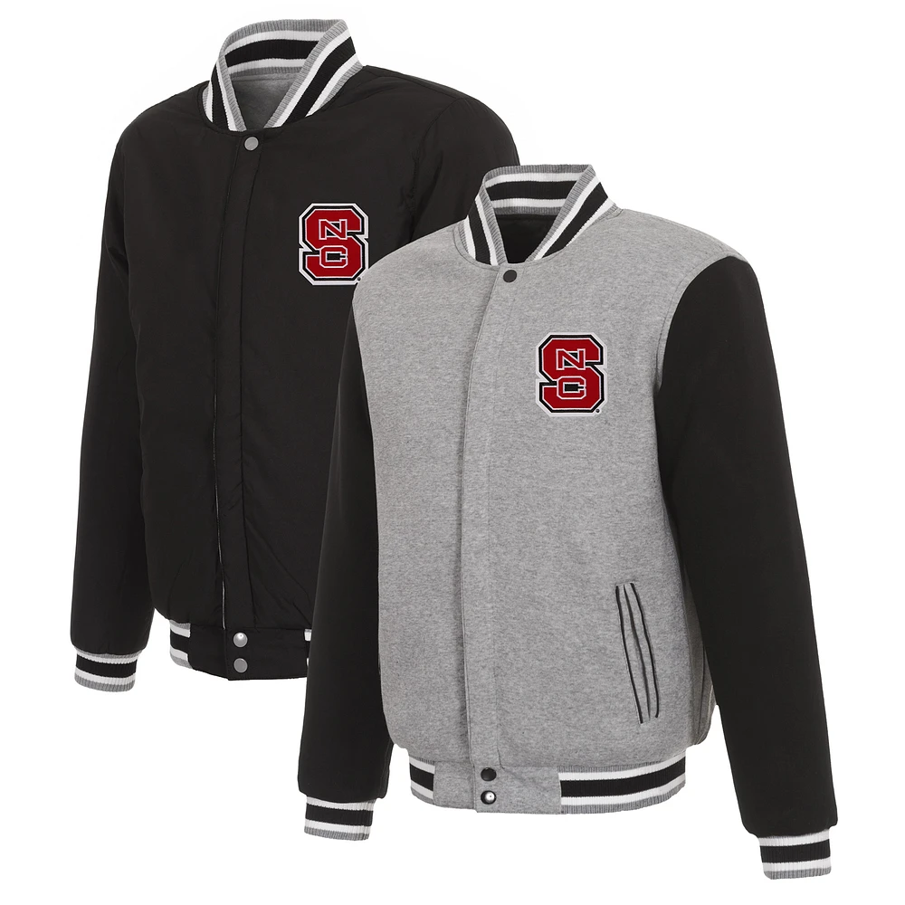 Men's JH Design Gray/Black NC State Wolfpack Reversible Two-Tone Fleece Varsity Jacket