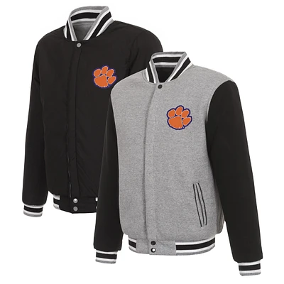 Men's JH Design Gray/Black Clemson Tigers Reversible Two-Tone Fleece Varsity Jacket