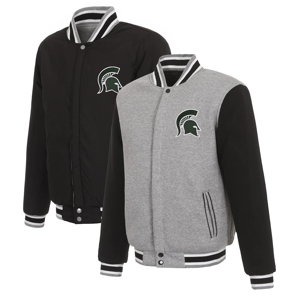 Men's JH Design Gray/Black Michigan State Spartans Reversible Two-Tone Fleece Varsity Jacket