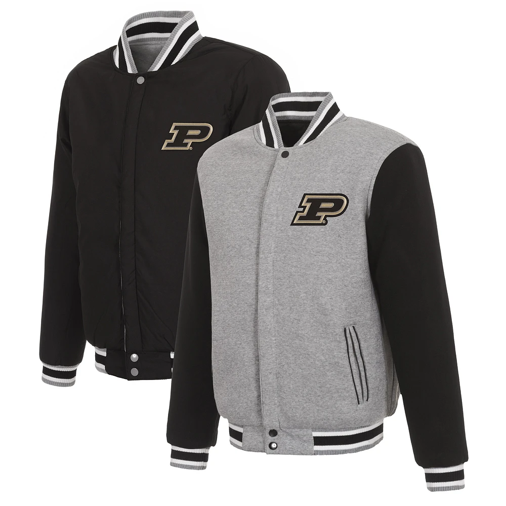 Men's JH Design Gray/Black Purdue Boilermakers Reversible Two-Tone Fleece Varsity Jacket
