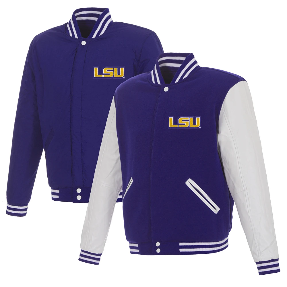 Men's JH Design Purple/White LSU Tigers Reversible Two-Tone Fleece Varsity Jacket