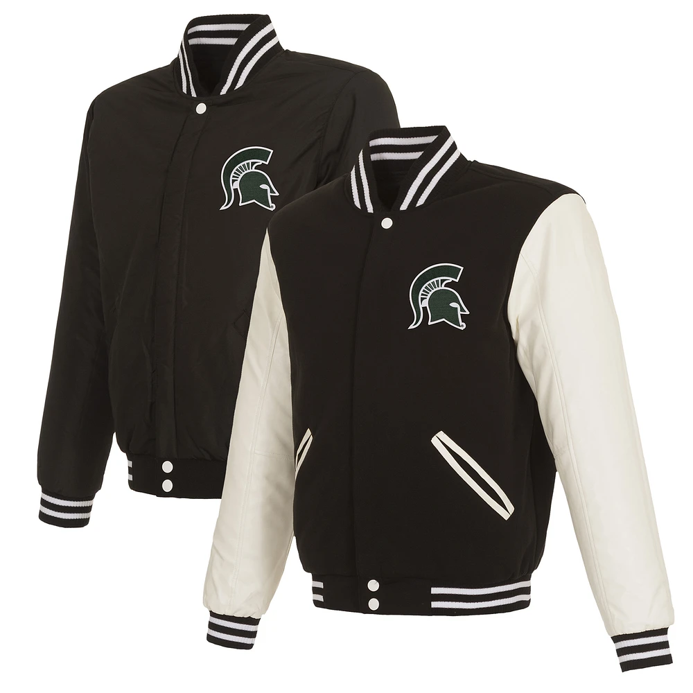 Men's JH Design Black/White Michigan State Spartans Reversible Two-Tone Fleece Varsity Jacket
