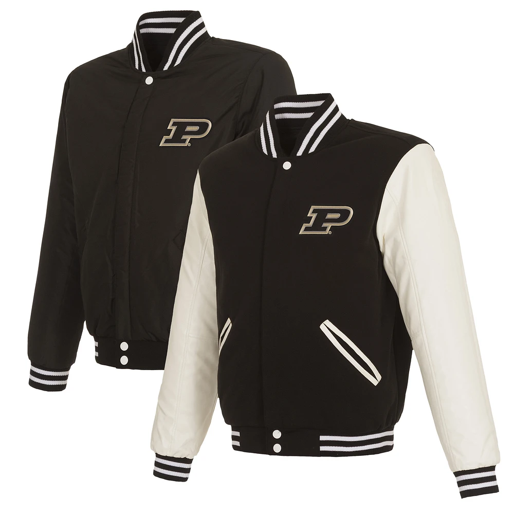 Men's JH Design Black/White Purdue Boilermakers Reversible Two-Tone Fleece Varsity Jacket