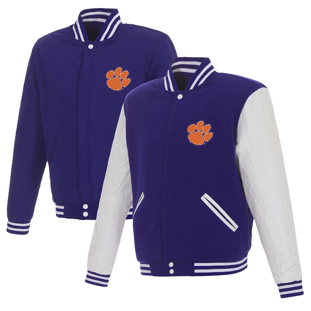 Men's JH Design Purple/White Clemson Tigers Reversible Two-Tone Fleece Varsity Jacket