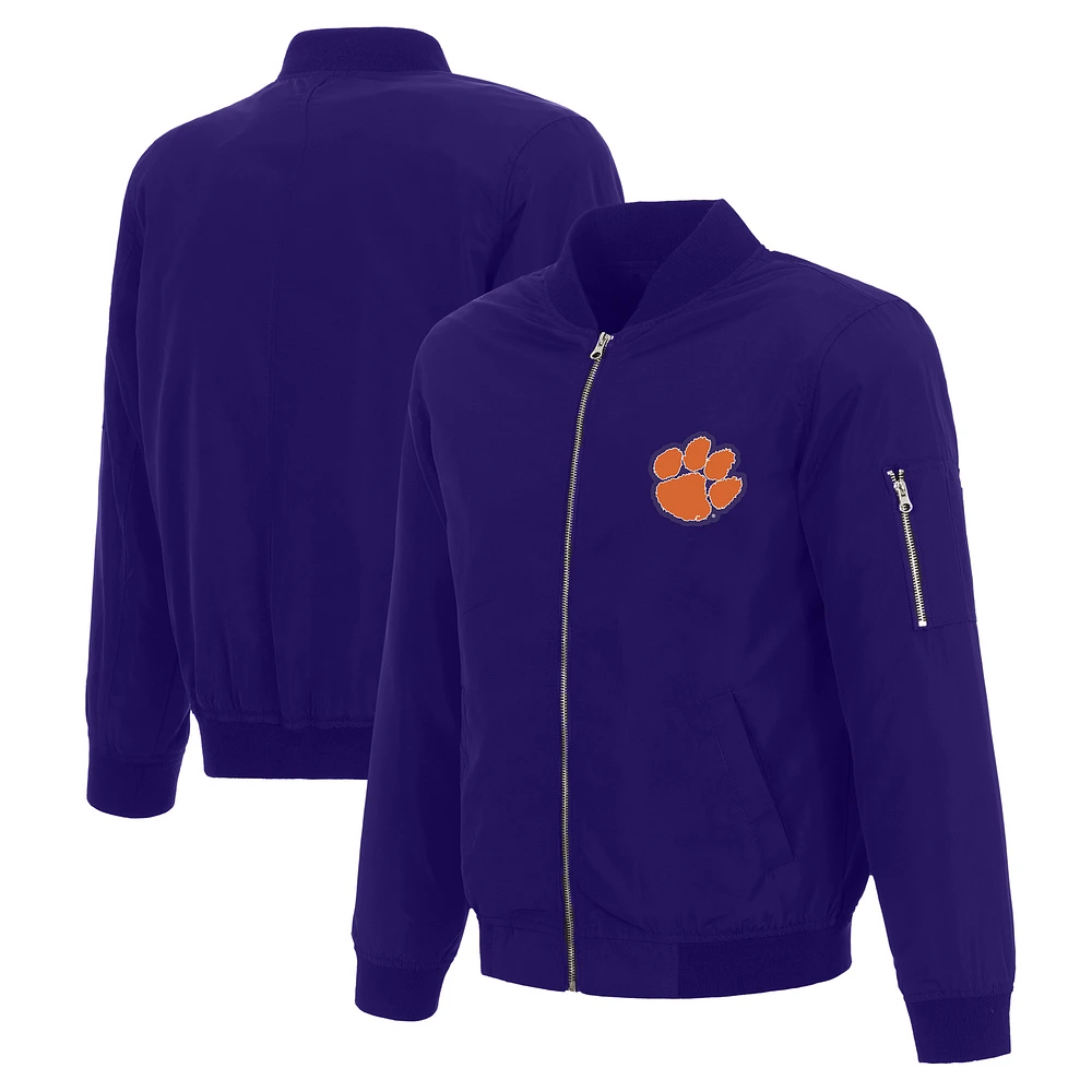 Men's JH Design Purple Clemson Tigers Nylon Full-Zip Bomber Jacket