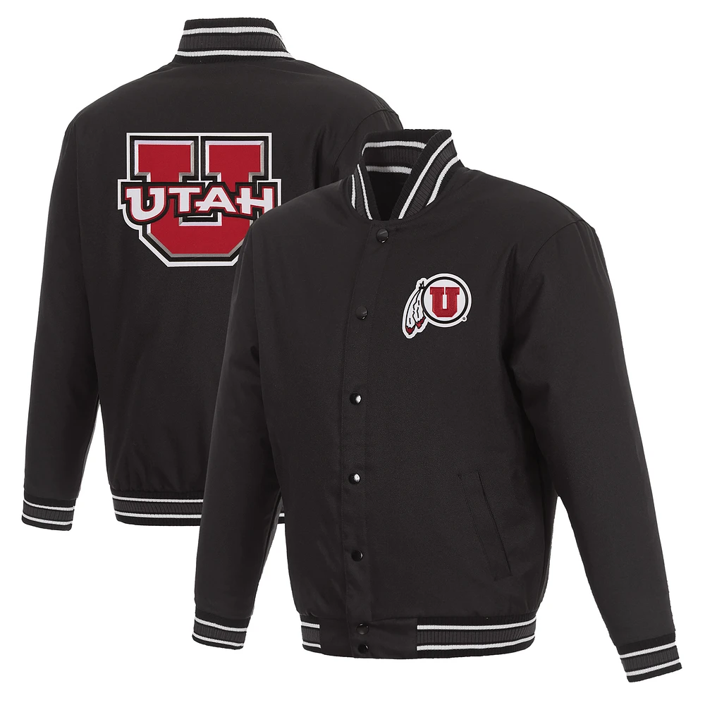 Men's JH Design Black Utah Utes Poly Twill Full-Snap Varsity Jacket