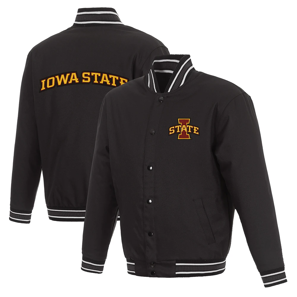 Men's JH Design Black Iowa State Cyclones Poly Twill Full-Snap Varsity Jacket