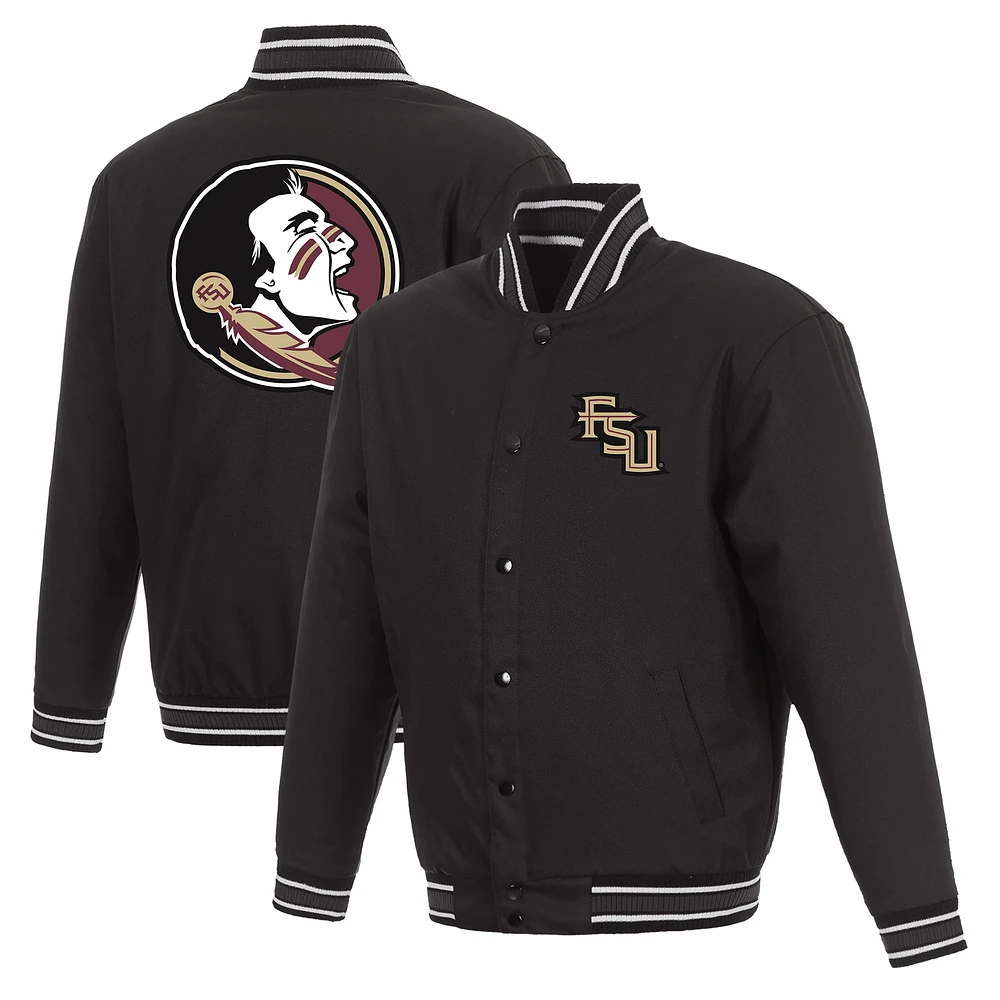 Men's JH Design Black Florida State Seminoles Poly Twill Full-Snap Varsity Jacket