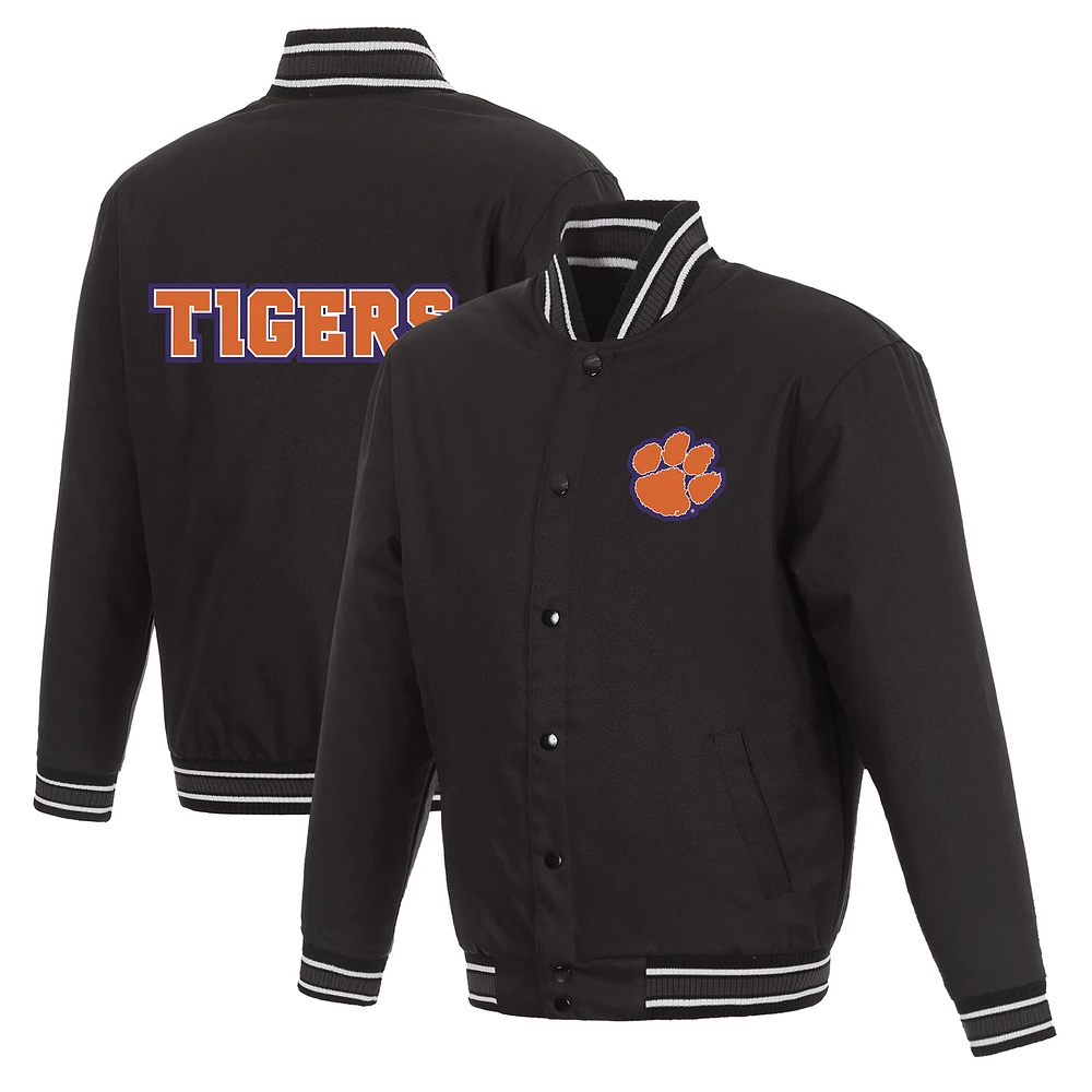 Men's JH Design Black Clemson Tigers Poly Twill Full-Snap Varsity Jacket