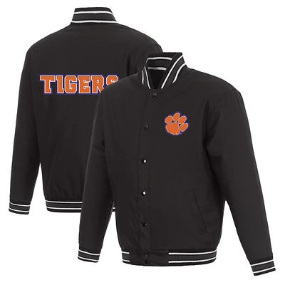 Men's JH Design Black Clemson Tigers Poly Twill Full-Snap Varsity Jacket