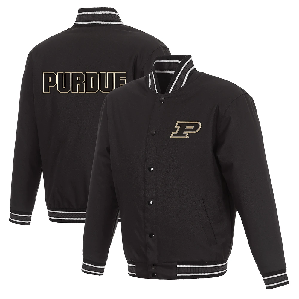 Men's JH Design Black Purdue Boilermakers Poly Twill Full-Snap Varsity Jacket