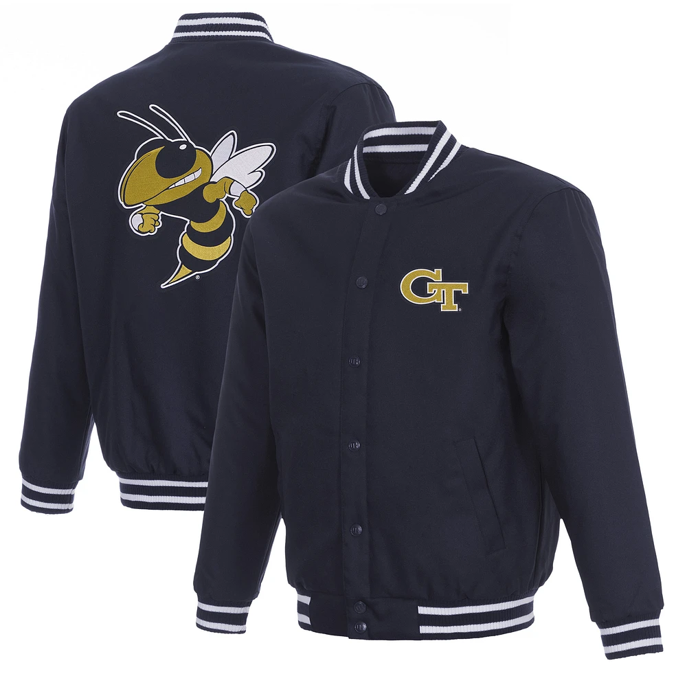 Men's JH Design Navy Georgia Tech Yellow Jackets Poly Twill Full-Snap Varsity Jacket