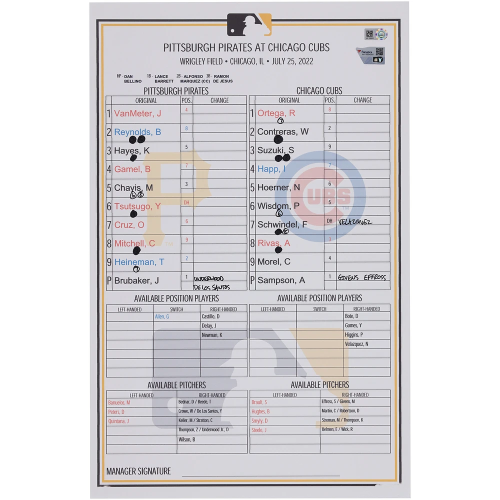 Pittsburgh Pirates Game-Used Lineup Card vs. Chicago Cubs on July 25, 2022