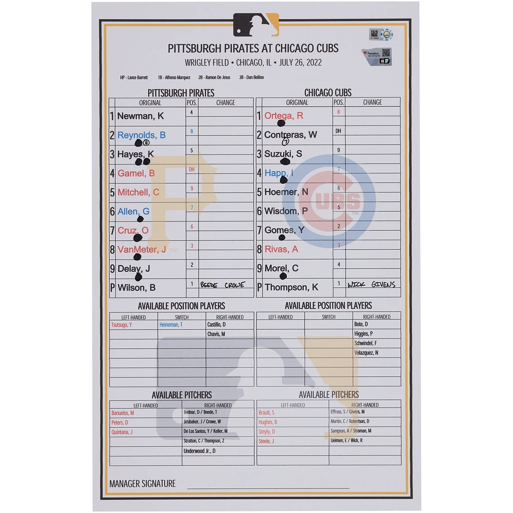 Pittsburgh Pirates Game-Used Lineup Card vs. Chicago Cubs on July 26, 2022