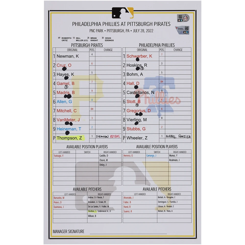 Pittsburgh Pirates Game-Used Lineup Card vs. Philadelphia Phillies on July 28, 2022