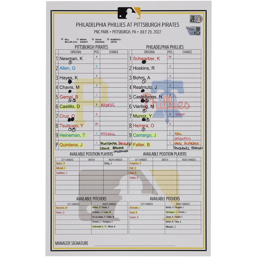 Pittsburgh Pirates Game-Used Lineup Card vs. Philadelphia Phillies on July 29, 2022