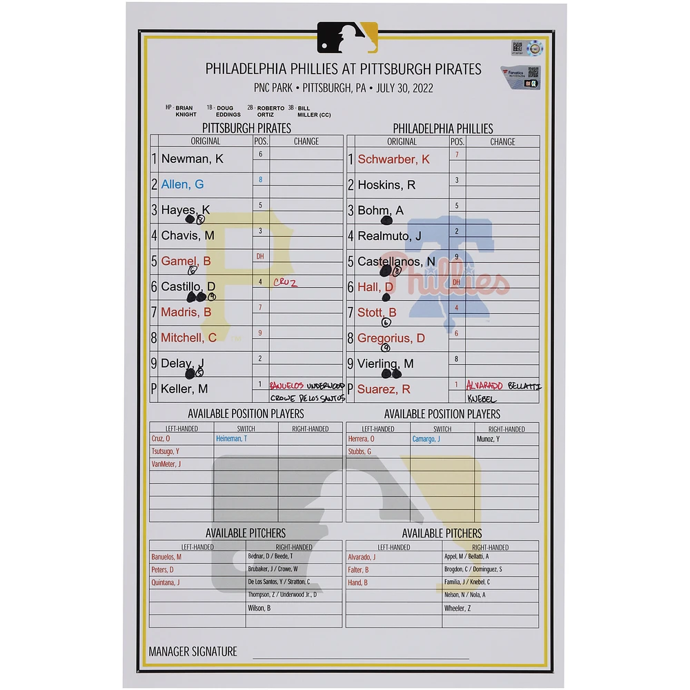 Pittsburgh Pirates Game-Used Lineup Card vs. Philadelphia Phillies on July 30, 2022